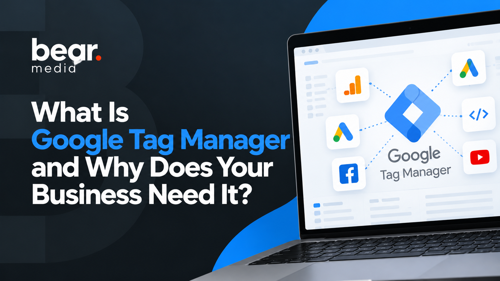 Google Tag Manager infographic showing how one tracking tool connects a website with Google Analytics, Google Ads, Meta Pixel and LinkedIn Insight Tag, highlighting benefits including time savings, better data, improved marketing performance and business growth.